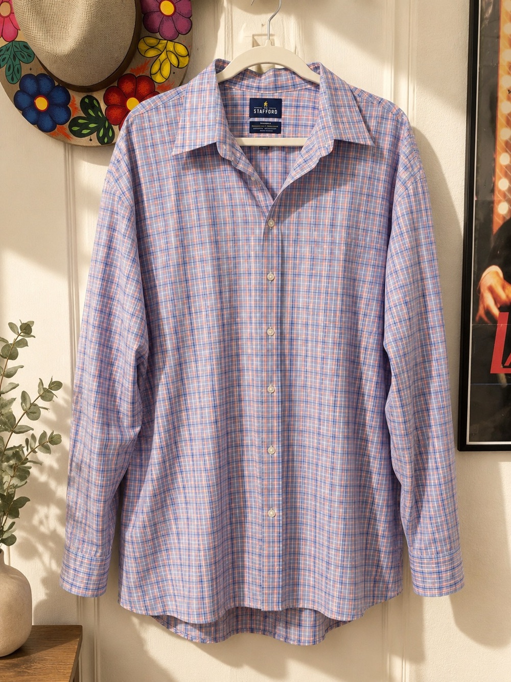Stafford Men’s Blue & Pink Plaid Dress Shirt